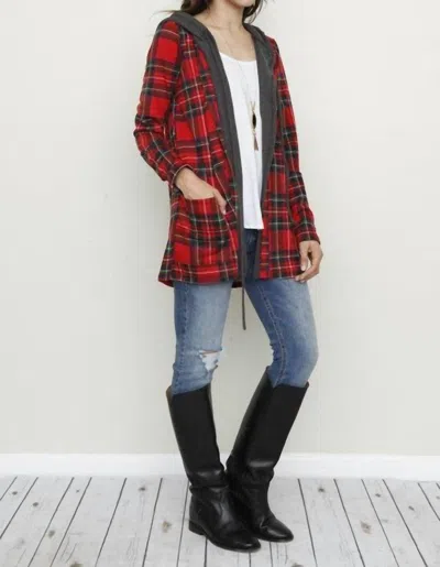 Grateful Hearts Buffalo Plaid Hooded Charcoal Trimmed Cardigan In Red In Red