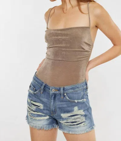 Kancan Boyfriend Mid Rise Denim Shorts In Light Wash Denim In Brown