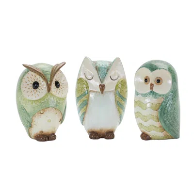 Melrose International Terra Cotta Owl Figurine (set Of 3) - Blue, Green, White