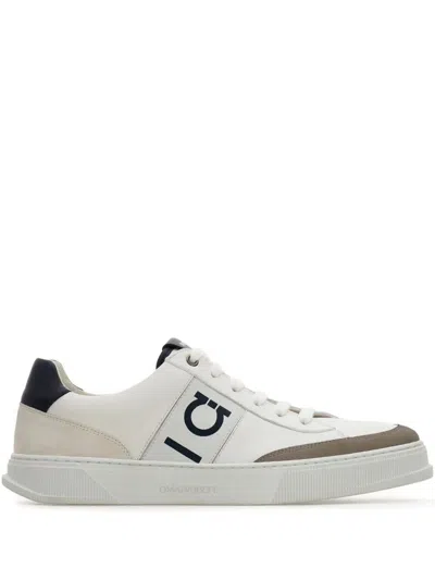 Ferragamo Alaska Leather And Suede Sneaker With Gancini Detail In White