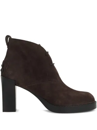 Tod's Brown Suede Ankle Boots With High Block Heel And Lace-up Front In Brown