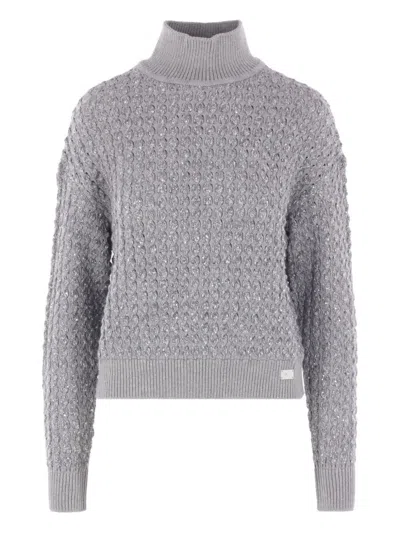 Elisabetta Franchi Cable Knit Tricot Sweater With Sequined Inserts And High Neck In Gray
