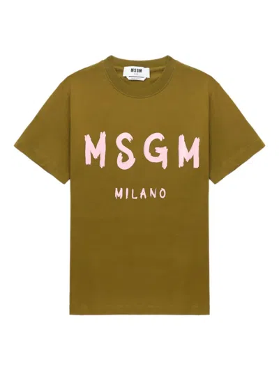 Msgm Logo Print Cotton T-shirt Clothing In Green