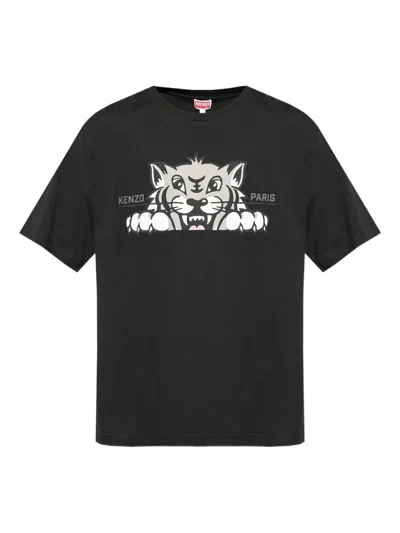 Kenzo Graphic Print Crew Neck Cotton T-shirt In Black