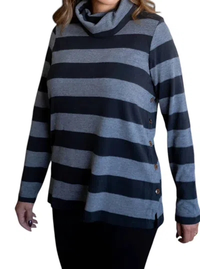 Doe & Rae Cowl Neck Striped Top In Gray Black In Blue