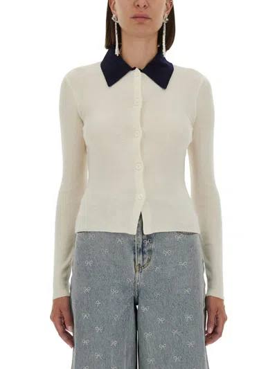 Self-portrait Button-front Cream Merino Wool Cardigan With Contrasting Collar In White
