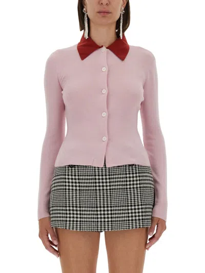 Self-portrait Wool Cardigan With Contrasting Collar In Pink