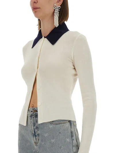 Self-portrait Button-front Cream Merino Wool Cardigan With Contrasting Collar In White