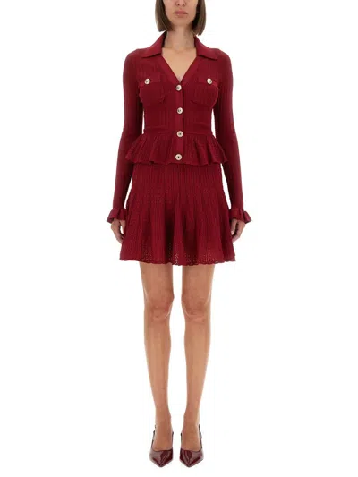 Self-portrait Burgundy Mini Dress With V-neck And Flared Hem In Burgundy