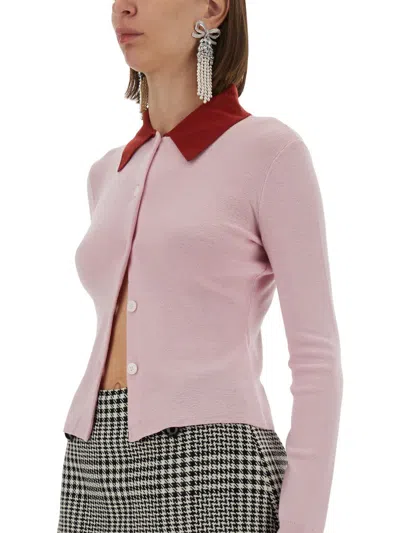 Self-portrait Wool Cardigan With Contrasting Collar In Pink