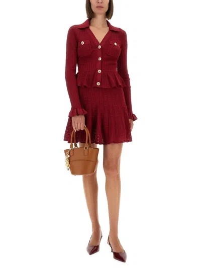 Self-portrait Burgundy Mini Dress With V-neck And Flared Hem In Burgundy