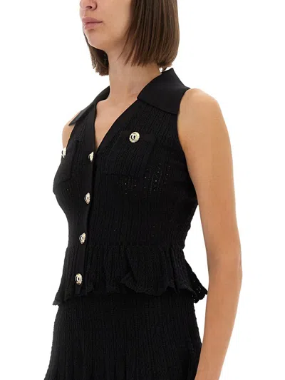 Self-portrait Self Portrait Short Dress In Openwork Knit With Jewel Buttons In Black