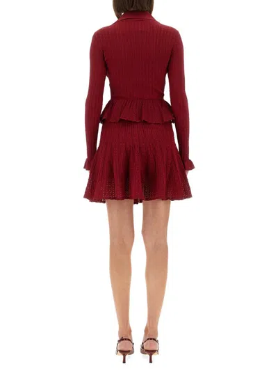 Self-portrait Burgundy Mini Dress With V-neck And Flared Hem In Burgundy