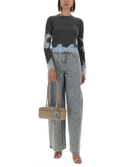 Self-portrait Light Blue Wide-leg Jeans With Crystal Embellishment And Classic Five-pocket Design In Blue