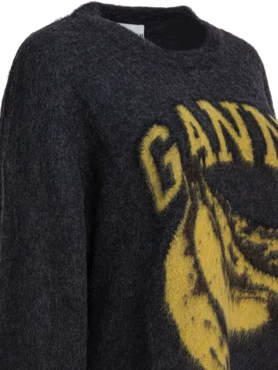 Ganni Jersey With Banana And Logo In Black