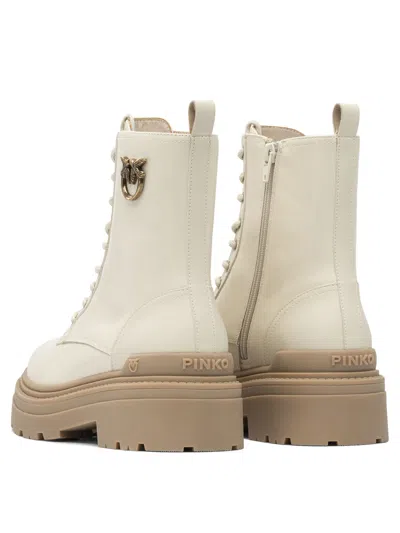 Pinko Ankle-high Leather Boots With Gold Hardware Detail In White