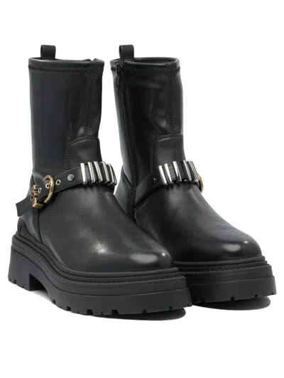 Pinko Rounded Toe Black Leather Ankle Boots With Front Strap
