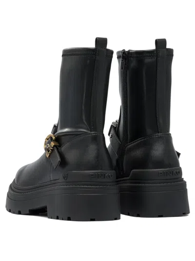 Pinko Rounded Toe Black Leather Ankle Boots With Front Strap