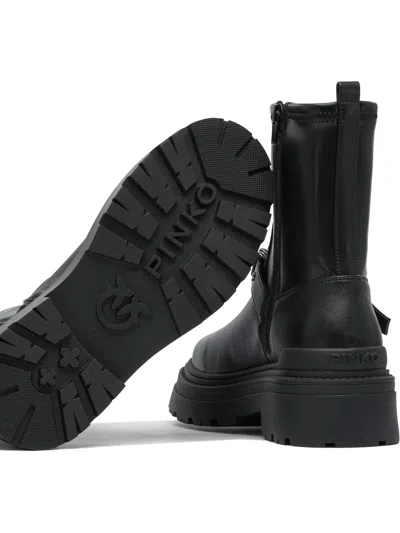 Pinko Rounded Toe Black Leather Ankle Boots With Front Strap