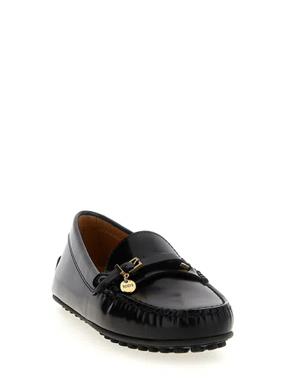 Tod's Urban Brushed Leather Loafers With Decorative Strap In Black