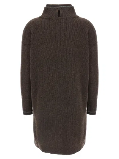 Brunello Cucinelli Layered Dress With High Neck And Ribbed Texture In Brown