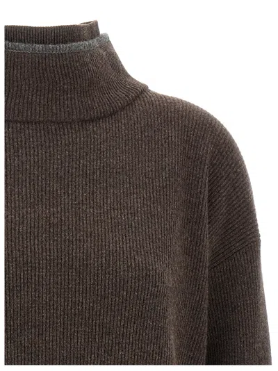 Brunello Cucinelli Layered Dress With High Neck And Ribbed Texture In Brown