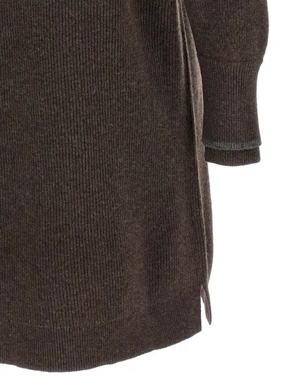 Brunello Cucinelli Layered Dress With High Neck And Ribbed Texture In Brown