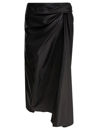Balenciaga Asymmetric Frayed Gathered Draped Satin Midi Skirt