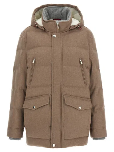 Brunello Cucinelli Flannel Down Jacket Puffer Jackets Beige In Brown