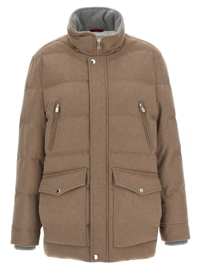 Brunello Cucinelli Flannel Down Jacket Puffer Jackets Beige In Brown