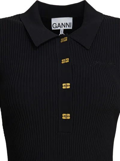 Ganni Black Flared Dress With Ribbed Details In Black