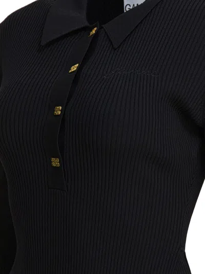 Ganni Black Flared Dress With Ribbed Details In Black