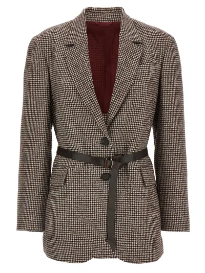 Brunello Cucinelli Tailored Houndstooth Blazer With Matching Waist Belt In Multi