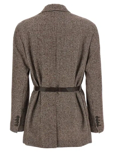 Brunello Cucinelli Tailored Houndstooth Blazer With Matching Waist Belt In Multi