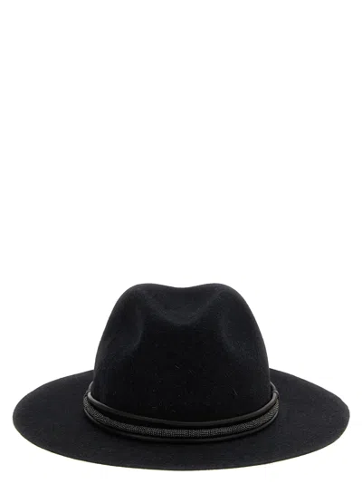 Brunello Cucinelli Leather Hat Featuring Jewel Embellishment In Black