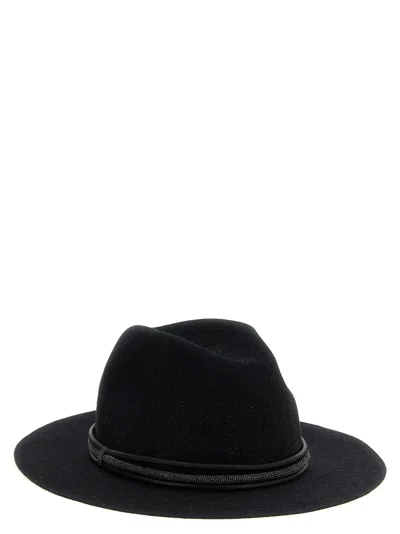 Brunello Cucinelli Leather Hat Featuring Jewel Embellishment In Black