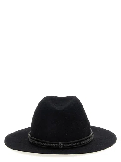 Brunello Cucinelli Leather Hat Featuring Jewel Embellishment In Black