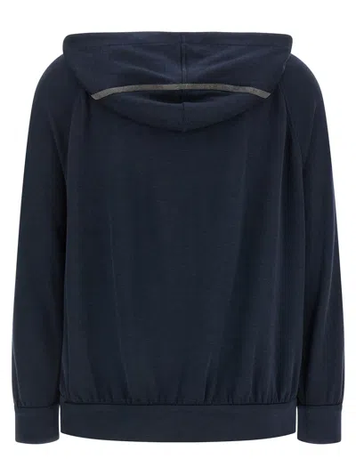 Brunello Cucinelli Hooded Sweatshirt With Side Stripe Detail In Blue