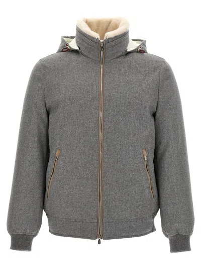 Brunello Cucinelli Men Membranated Wool Flannel Down Jacket With Shearling-lined Collar In Gray