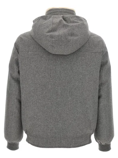 Brunello Cucinelli Men Membranated Wool Flannel Down Jacket With Shearling-lined Collar In Gray