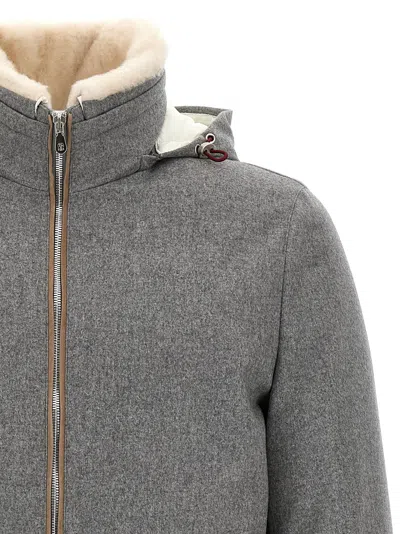 Brunello Cucinelli Men Membranated Wool Flannel Down Jacket With Shearling-lined Collar In Gray