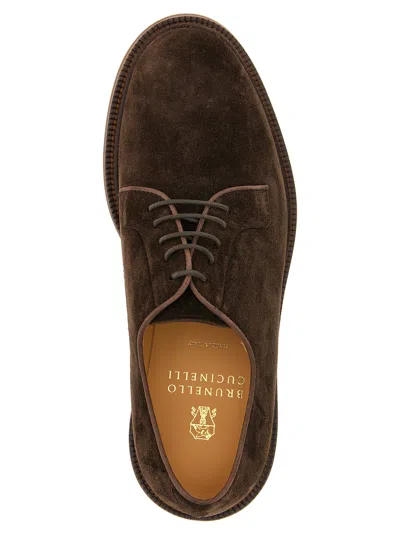 Brunello Cucinelli Classic Brown Suede Derby Shoes In Green