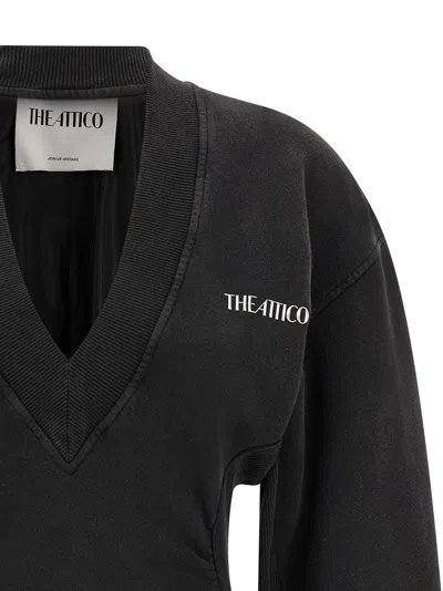 Attico V-neck Mini Dress With Embossed Logo In Black