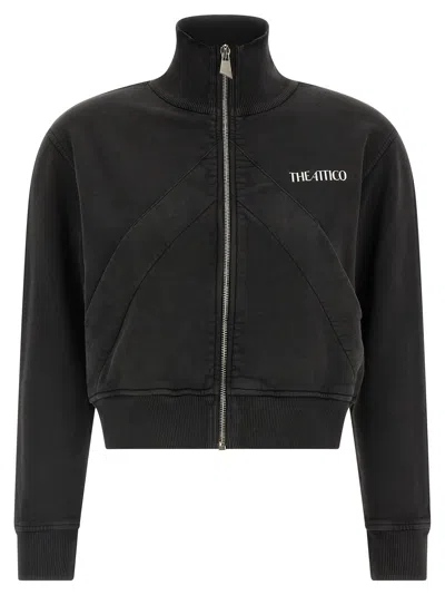 Attico Cropped Zip Fleece Ribbed Finish In Black