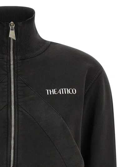 Attico Cropped Zip Fleece Ribbed Finish In Black