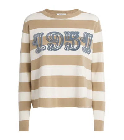 Max Mara Wool Sweater With Embroidered Stripes And Crew Neck In Brown