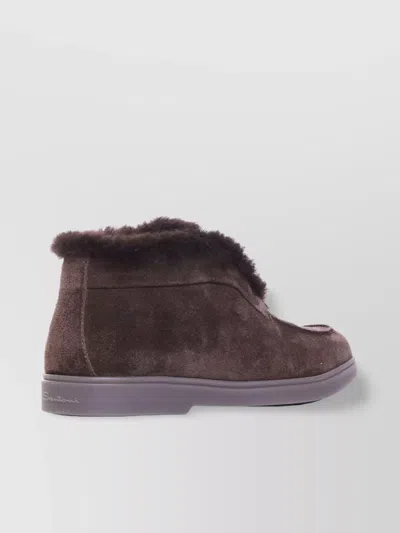 Santoni Suede Fur Trim Ankle Height Loafers In Brown