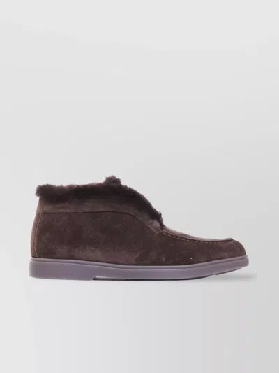 Santoni Suede Fur Trim Ankle Height Loafers In Brown