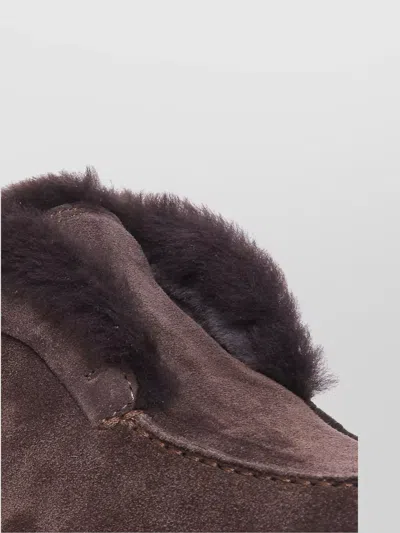 Santoni Suede Fur Trim Ankle Height Loafers In Brown