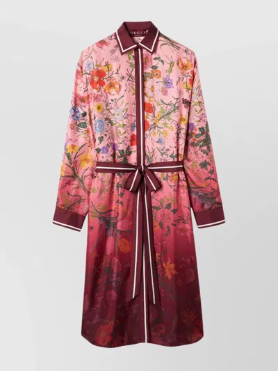 Gucci Bordeaux Gradient Dress With Removable Belt And All-over Flora Print In Silk Woman In Multi